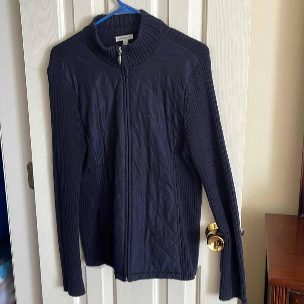 Knit jacket with polyester lining from Croft & Barrow. Navy blue. Used.